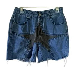 ROMWE Women’s Star Patchwork Denim Shorts Blue Raw Hem Size Medium Jorts thumbnail 2