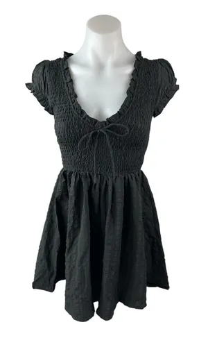 Princess Polly Black Smocked Ruffle Scoop Pleated Short Sleeve Romper Shorts 0 thumbnail 1