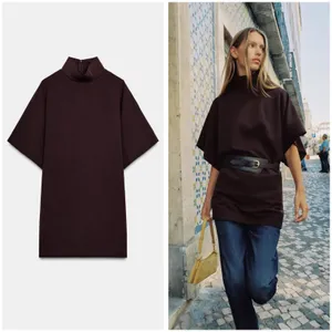 Zara Brown Mock Neck Short-Sleeve Top/Dress Size Medium Tunic Minimalist thumbnail 2