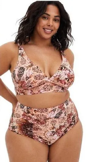 Torrid Bikini Top 1X 14 16 Pink Brown Patchwork Paisley Floral Wireless Swim thumbnail 1