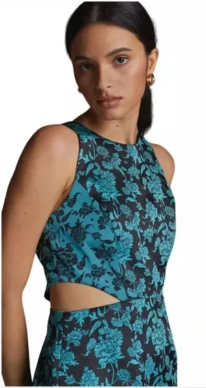 Anthropologie Hutch Floral Jacquard Cut-Out Mini Dress Size 6 Black/Teal thumbnail 1