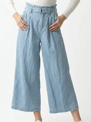 Zara Tencel 21975 High-Waist Wide Leg Light Blue Denim Culottes Sz S thumbnail 1