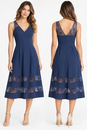 NWT Aidan Mattox Navy Crepe Lace V Neck Midi Cocktail Dress Size 4 thumbnail 2