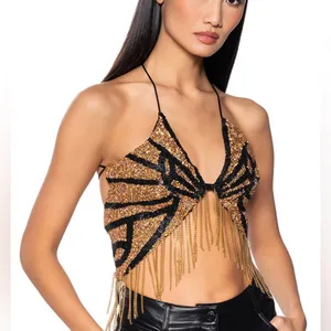 AKIRA Chain Detail Gold and Black Butterfly Beaded Strappy Top Size M / L thumbnail 1