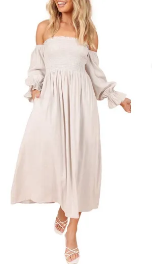 Petal + Pup Off The Shoulder Dress Domenica Striped Neutral Women 2 Midi Smocked thumbnail 1