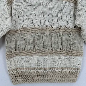 Handmade Crochet Knit Sweater Women Ivory Beige Balloon Sleeve Boho Coastal Chic thumbnail 4