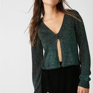 FREE PEOPLE Emmaline Metallic Green Cardigan Long‎ Sleeve Goth Dark Romantic XS thumbnail 2