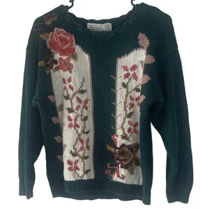 Shenanigans Vintage 90s Women's Size Medium Rose Floral‎ Crochet Green Sweater thumbnail 1