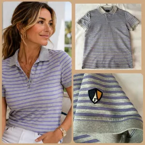 Faconnable Polo Shirt Womens M Gray Lavender‎ Stripe Preppy Golf Casual Tennis thumbnail 2