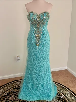 Mori Lee Turquoise Beaded Lace Mermaid Prom Dress | Size: 2-4 thumbnail 2