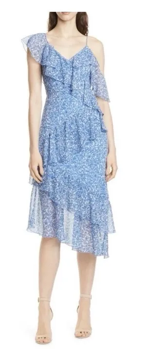 Alice + Olivia Olympia Blue Floral Print Silk Ruffled Asymmetric Midi Dress 2 thumbnail 1