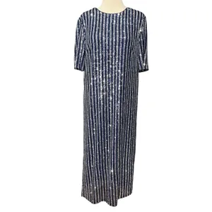 Anthropologie Flat White Sequin Stripe Midi Dress Womens M Blue Evening Cocktail thumbnail 2