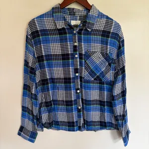 Aerie Blue Plaid Flannel Button Down Shirt Long Sleeve Small Boxy Fit thumbnail 1