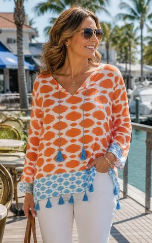 Ruby Rd. Petite Orange Ikat Tassel Tunic Top Women's PXL Boho Rayon Blend Size undefined thumbnail 1