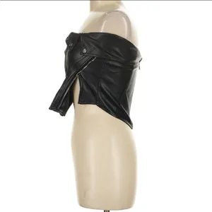 Maniere De Voir Black Off-Shoulder Leather Top thumbnail 4