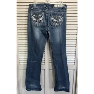 Y2K Miss Chic Low Rise Bootcut Jeans‎ Sz 9 Thick Stitch Rhinestone Embroidered thumbnail 5