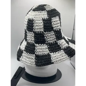 Ed Hardy, Black‎ And White Crochet Checkered Bucket hat festival Boho thumbnail 5