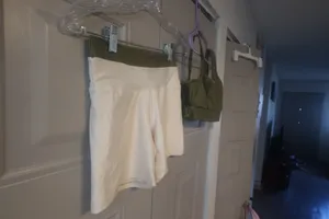 Workout exercise loungewear casual summer active shorts and one should top sports bra set in olive green and beige thumbnail 3
