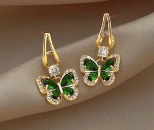 18K Gold Plated Green Crystal Butterfly Dangle Drop Earrings for Women thumbnail 1