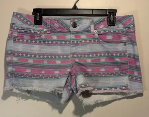 American Eagle- Pink Blue White Aztec Style Raw Hem Stretch Jean Shorts- Size 10 thumbnail 1