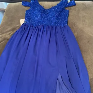 Women’s Blue A-Line Lace Appliqué Bridesmaid Party Dress Leg Slit Size 10 NWT thumbnail 10