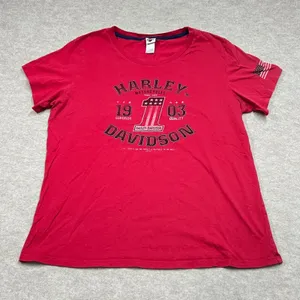 Harley Davidson Sauk Prairie WI Red Graphic T-Shirt Womens American‎ Flag Sleeve thumbnail 1