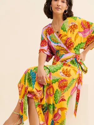 Farm Rio Beaks & Bananas Maxi Wrap Dress Tropical Vacation Midi Size M thumbnail 1