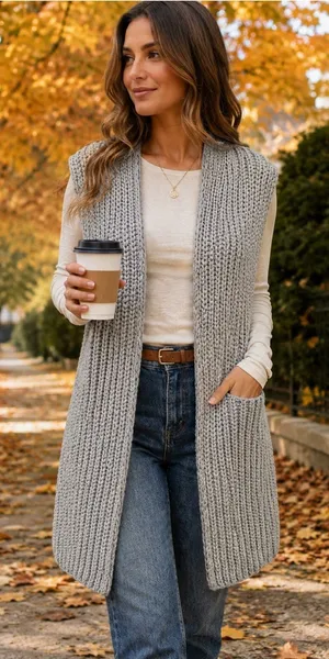 POL Gray Long Ribbed Knit Duster Cardigan Vest - Size Small (EUC) thumbnail 1