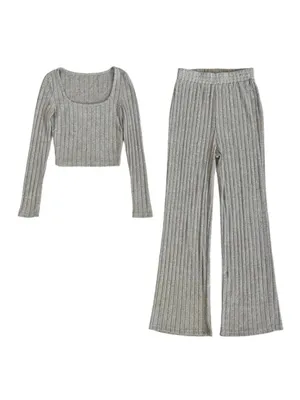 SHEIN Gray Ribbed Knit Lounge Sleep Set Crop Top + Pants Size S thumbnail 2