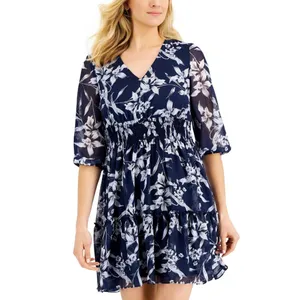 NWT Taylor Floral-Print Chiffon Smocked A-Line Dress 2835M 2 Navy Blue / Ivory thumbnail 4