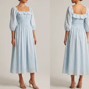 R.Vivimos Swiss Dot Smocked Maxi Dress Size Medium M‎ Light Blue Off Shoulder thumbnail 2