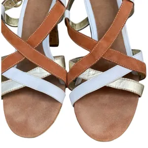Aerosoles White Gold Tan Leather Strappy Slingback 3" Heel Sandals Size 8 Boho thumbnail 6