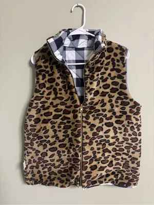 Reversible Vest Size Large Leopard Print Buffalo Plaid Black White New Full Zip thumbnail 2