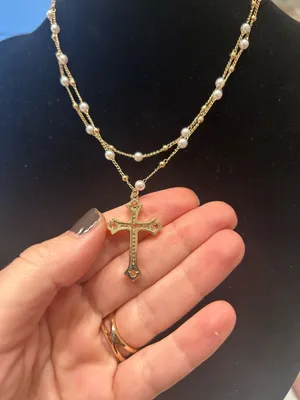 Guess Gold Pearl Layered Cross Necklace thumbnail 4