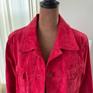 Y2K Vintage Suede Chore Jacket Deep Cherry Red Leather Coat Boho Western Utility thumbnail 14