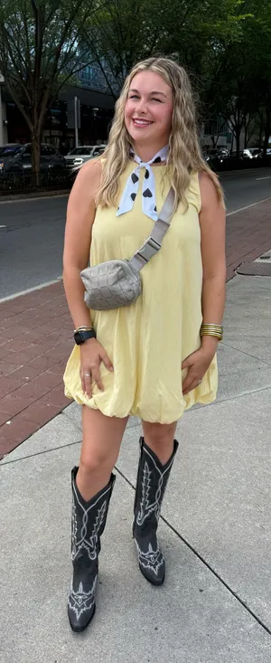 Needs a good steam but wore to a concert and haven’t picked it back up. Yellow bubble dress very flattering on thumbnail 1