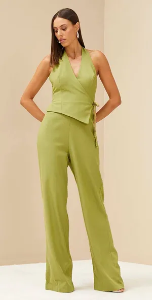 Forum AMC Textil Sleeveless Green Halter Wrap Jumpsuit Brazil Brand Size XS thumbnail 1
