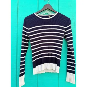 Striped Ribbed Knit Long Sleeve Top Nautical Button‎ Detail Navy White L thumbnail 2