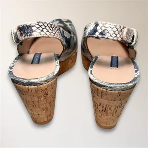 Stuart Weitzman 7.5 Snake Print Embossed Cork‎ Wedge Slingback Peep Toe Sandals thumbnail 11