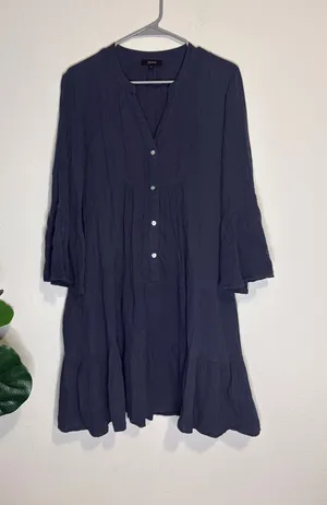Quince Organic Cotton Gauze Tiered Mini Dress Indigo Blue M thumbnail 1