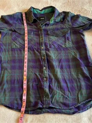 Hurley purple gray blue plaid flannel long sleeve metal stud pocket flaps size L thumbnail 10