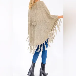 Boutique TRIM FRINGE DETAILED PULLOVER PONCHO Color Taupe thumbnail 3