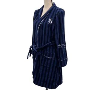 Victorias Secret Navy & Black Striped Embroidered Logo Belted Robe With Pockets thumbnail 4