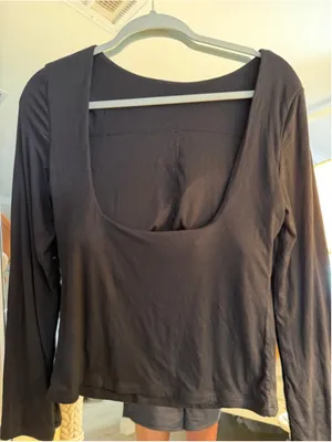 NEW Ribbed Black Built in Bra Open Back Long Sleeve Top XL thumbnail 2