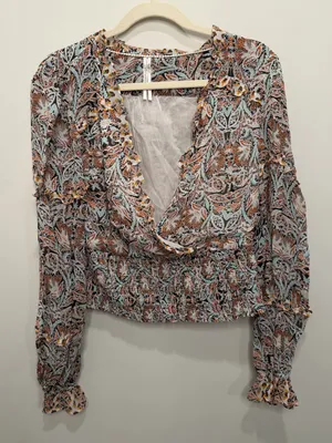 Anthropologie Paisley Ruffle Smocked Waist Blouse Small Multi-Color OB1487981 thumbnail 1
