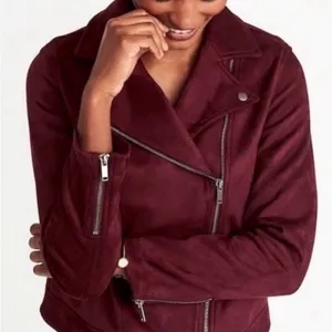 Like New! Old Navy Women's Burgundy Velour Faux Suede Moto Jacket Size Large thumbnail 1