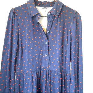 NWT Boden Navy Long-Sleeve Shirt Dress with Red Dot Print thumbnail 4