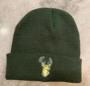 Women’s Green Knit Winter Beanie Embroidered Buck Stag Deer Logo Woodland Toque thumbnail 1