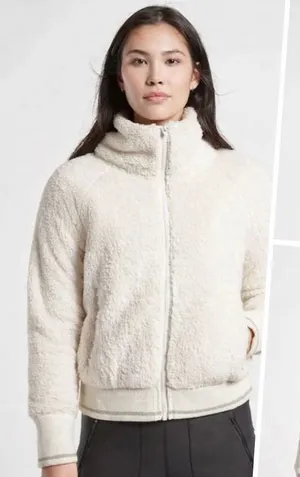 Athleta Tugga Jacket Womens M Sherpa Teddy Fleece Full Zip Cozy Ivory‎ Medium thumbnail 1