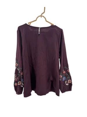 J. Jill Deep Plum maroon embroidered Long-Sleeve Round Neck top boho fall L thumbnail 2